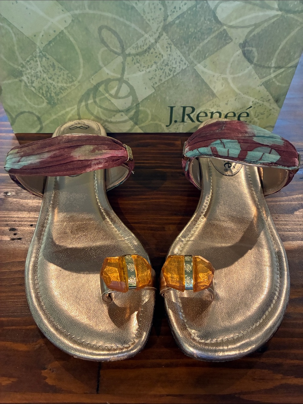J.Renee Metallic Gold Sandals with Amber Gem Accents and Patterned Fabric Straps